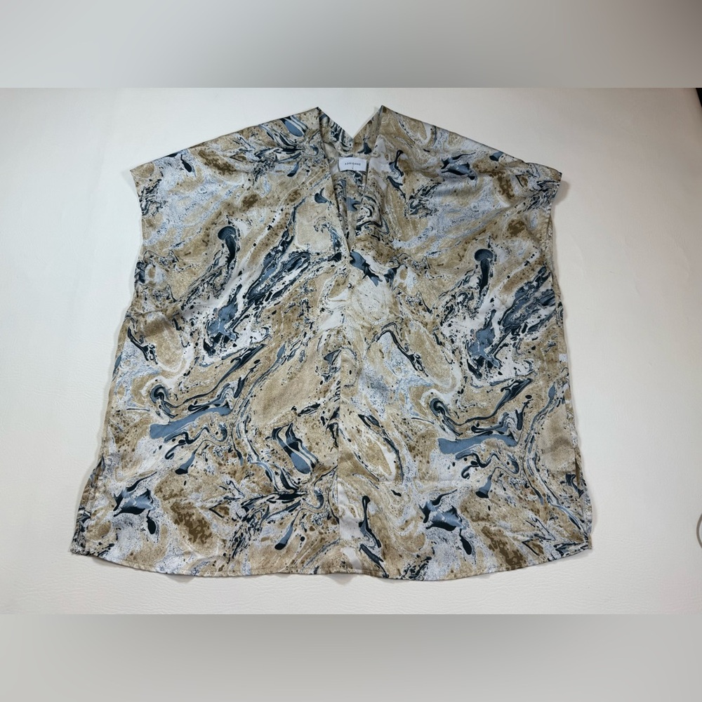 Adrienne oversized large v neck blouse marble print blue brown side slit (bin Y)